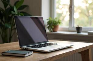 Laptop Desk cabinet Office, remote work on notebook, open space center photo