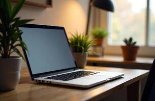 Laptop Desk Office, remote work on notebook open space center photo
