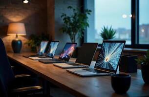 Laptop Desk Office, remote work notebook, open space center photo