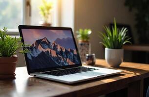 Laptop Desk Office remote work notebook, open space center photo