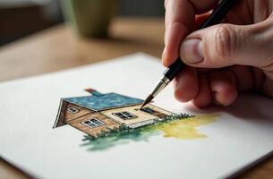 Hand hold brush and draw house, parlour art tool for hobby of drawing photo