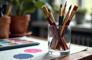 Paint Brush on artist desktop, art tool for hobby of drawing photo