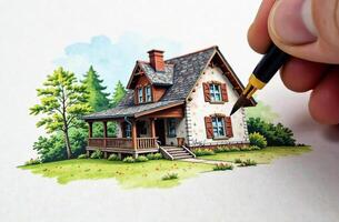 Hand hold brush and draw house, art tool for hobby of drawing photo
