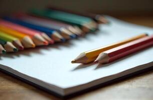 Pencils lie on white paper cabinet art tool for hobby of drawing photo