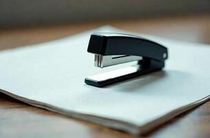 Stapler parlour on white paper, workplace in office, student desk photo