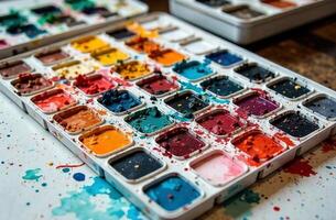 Watercolor paint on artist desktop, art tool for hobby of drawing photo