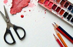 Watercolor paint on artist desktop, art tool for hobby of parlour drawing photo