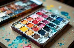 Watercolor paint cabinet on artist desktop, art tool for hobby of drawing photo