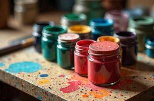 Gouache paint on artist desktop, art tool for hobby of drawing photo