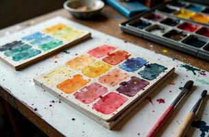 Watercolor cabinet paint on artist desktop, art tool for hobby of drawing photo