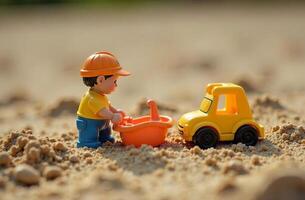 Toy children gaming tractor truck with sand stand in the sandbox photo