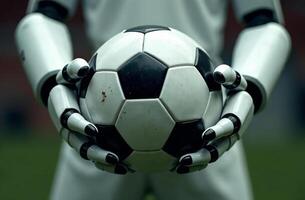 Robot brainy player artificial intelligence hold soccer ball in hands photo