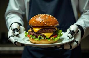 Robot waiter brainy artificial intelligence hold plate of burger in hand photo