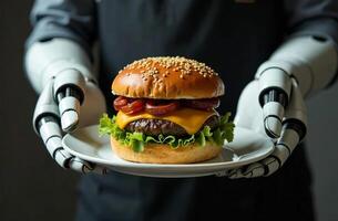 Robot waiter artificial brainy intelligence hold plate of burger in hand photo