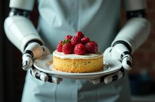 Robot waiter artificial brainy intelligence hold plate of cake in hand photo