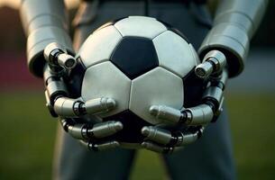 Robot player brainy artificial intelligence hold soccer ball in hands photo