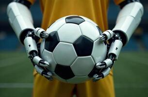 Robot player artificial brainy intelligence hold soccer ball in hands photo