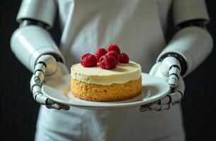 Robot waiter brainy artificial intelligence hold plate of cake in hand photo