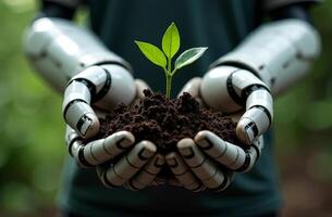Robot ecologist brainy artificial intelligence hold soil sprout in hands photo