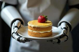 Robot brainy waiter artificial intelligence hold plate of cake in hand photo