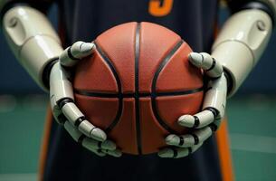Robot player artificial intelligence hold basketball ball in hand photo