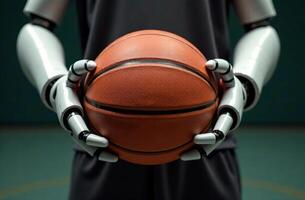 Robot player brainy artificial intelligence hold basketball ball in hand photo