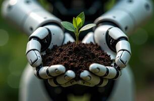 Robot brainy ecologist artificial intelligence hold soil sprout in hands photo