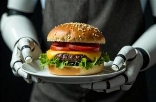 Robot brainy waiter artificial intelligence hold plate of burger in hand photo