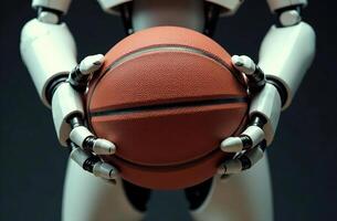Robot player artificial brainy intelligence hold basketball ball in hand photo