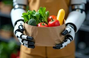 Robot brainy seller artificial intelligence hold bag vegetables in hands photo
