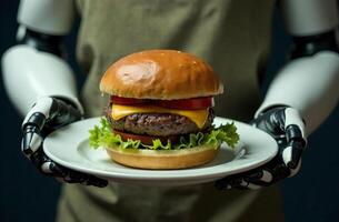 Robot waiter artificial intelligence hold plate of burger in hand photo