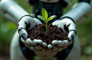 Robot astronaut space, artificial brainy intelligence hold planet hands photo