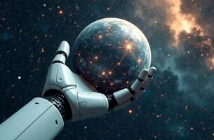 Robot astronaut space, artificial brainy intelligence hold planet hands photo