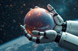Robot astronaut space, brainy artificial intelligence hold planet hands photo