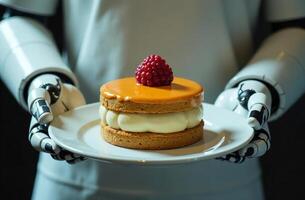 Robot waiter artificial intelligence hold plate of cake in hand photo
