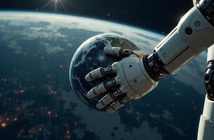Robot astronaut space, artificial intelligence brainy hold planet hands photo