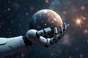 Robot astronaut space brainy, artificial intelligence hold planet hands photo