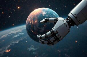Robot astronaut brainy space, artificial intelligence hold planet hands photo