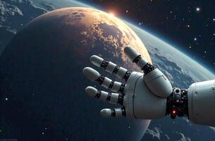 Robot brainy astronaut space, artificial intelligence hold planet hands photo