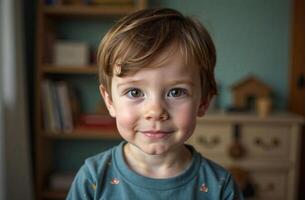 Portrait of little boy in children room classy, happy childhood photo