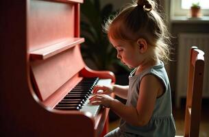 Child classy playing toy piano, young musician play music in playroom photo