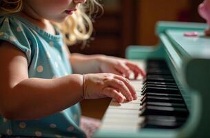 Child playing classy toy piano, young musician play music in playroom photo
