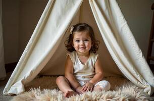 Child sitting cool in children wigwam on white carpet in playroom photo