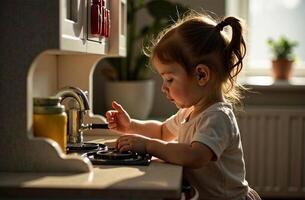 Girl cool cooking food in toy kitchen, children game cook in playroom photo
