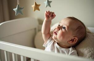 Mobile over crib, newborn touching toys with hand, children room cool photo