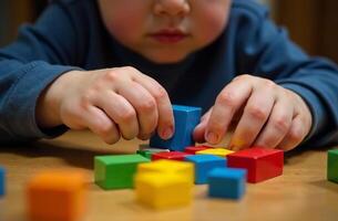 Child playing with children toy cubic blocks cool in the playroom photo