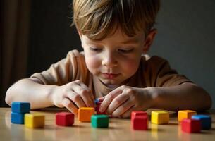 Child cool playing with children toy cubic blocks in the playroom photo