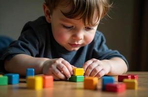 Child playing cool with children toy cubic blocks in the playroom photo
