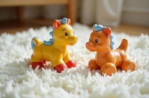 Children cool playroom, colorful toys lying on white carpet in bedroom photo