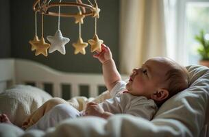 Mobile cool over crib, newborn touching toys with hand, children room photo